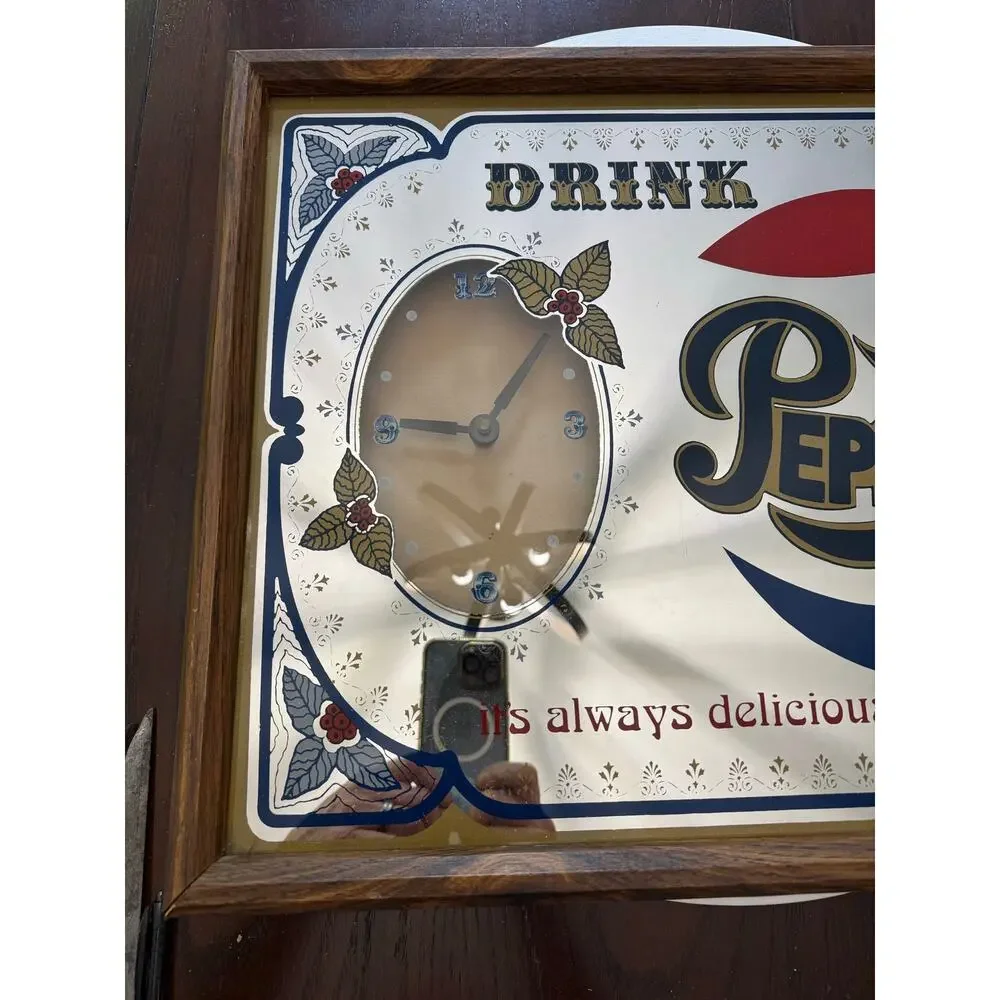 Rare Vintage 70s Drink Pepsi Cola Always Delicious Mirror Wall Clock Works